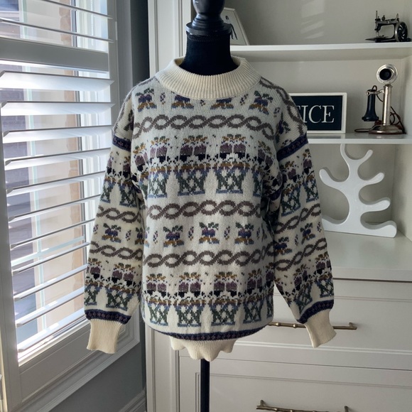 Vintage 80’S CLARISSA BELLINI Wool Ivory Knit Patterned Sweater Women’s SZ Small - Picture 4 of 16